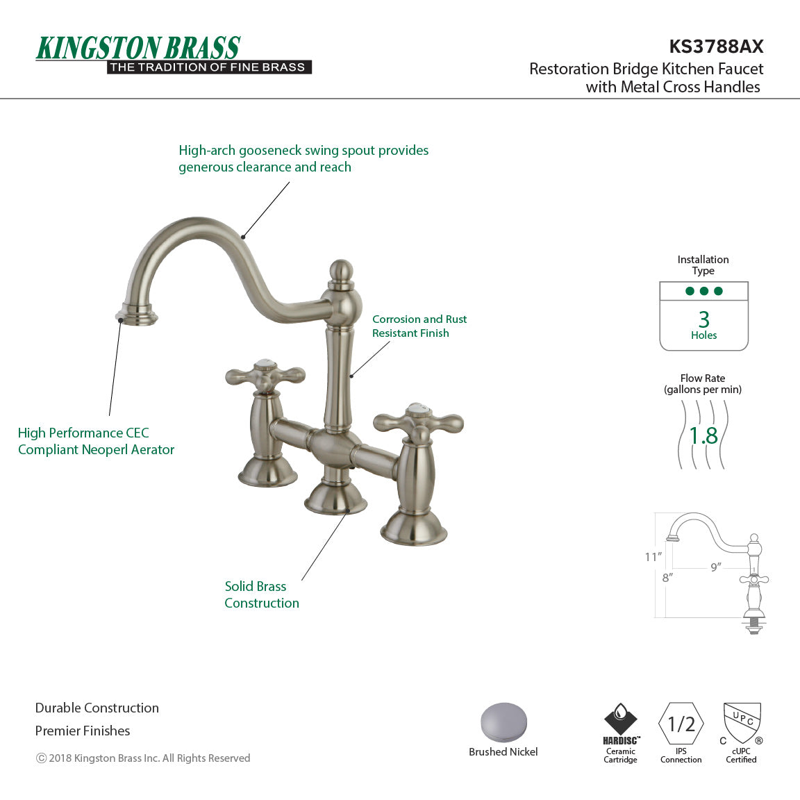Kingston Heirloom KS3788AX - Restoration Two-Handle 3-Hole Deck Mount Bridge Kitchen Faucet, Brushed Nickel — thumbnail 2